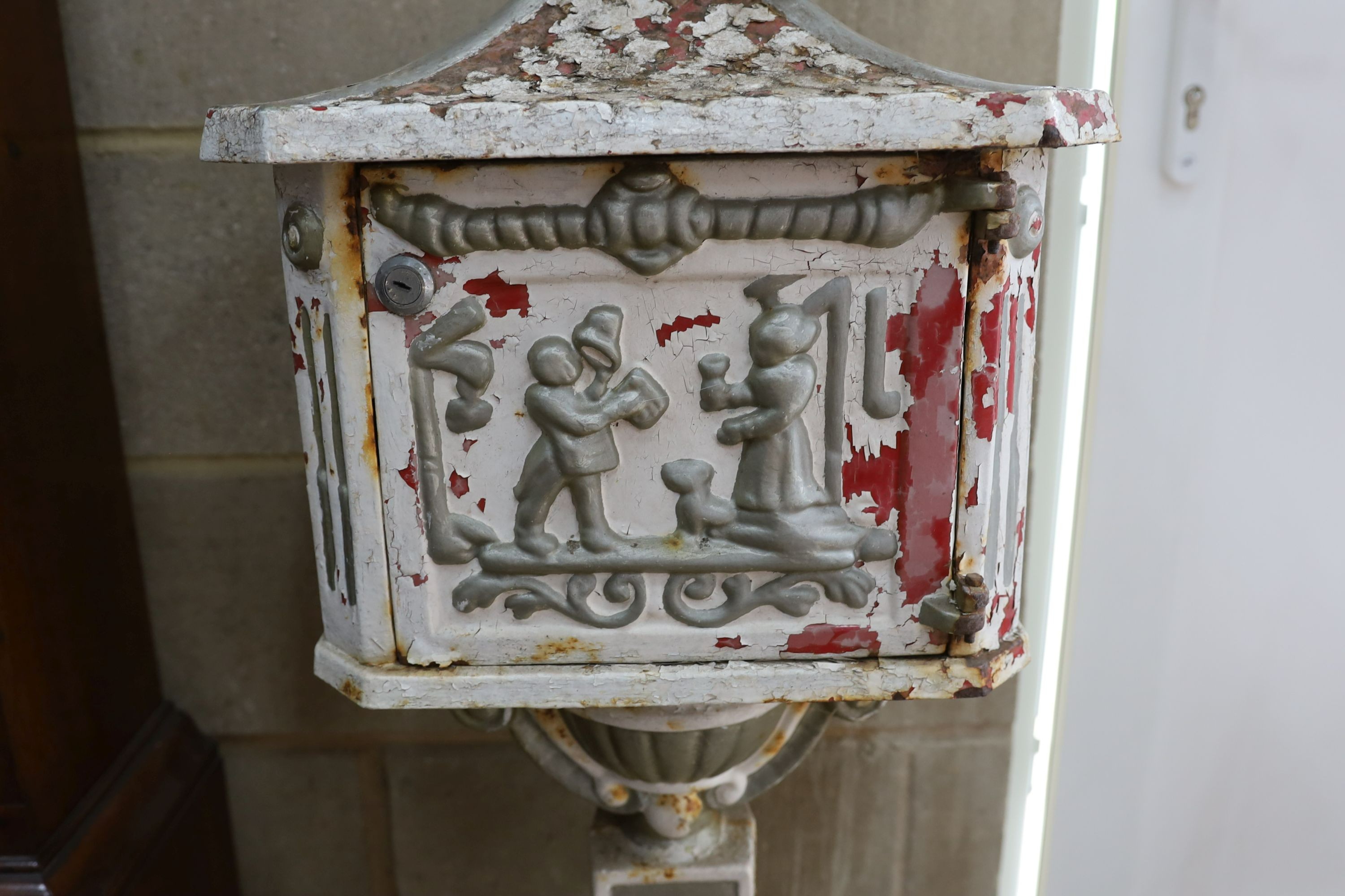 A Victorian style painted metal postbox, width 40cm, depth 28cm, height 110cm